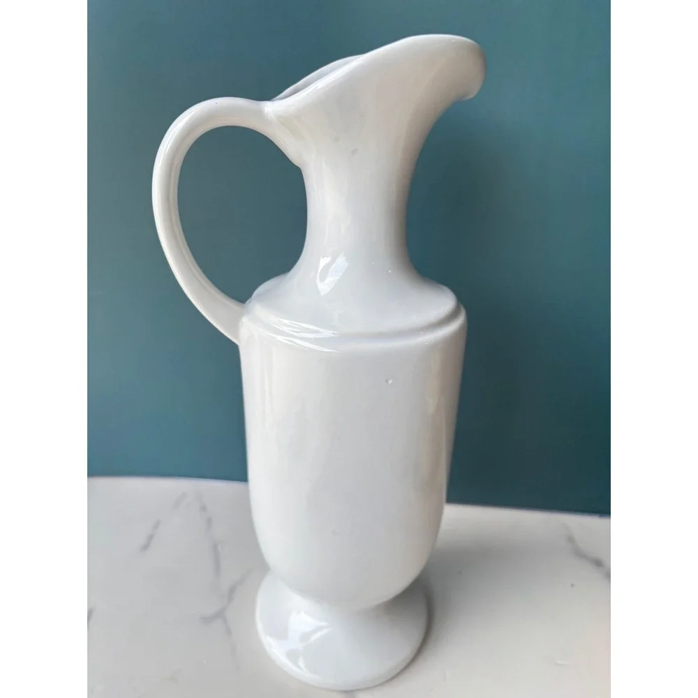 Vintage Royal Haeger White Blue Floral Ceramic Pitcher Vase Ewer Dundee IL 12in